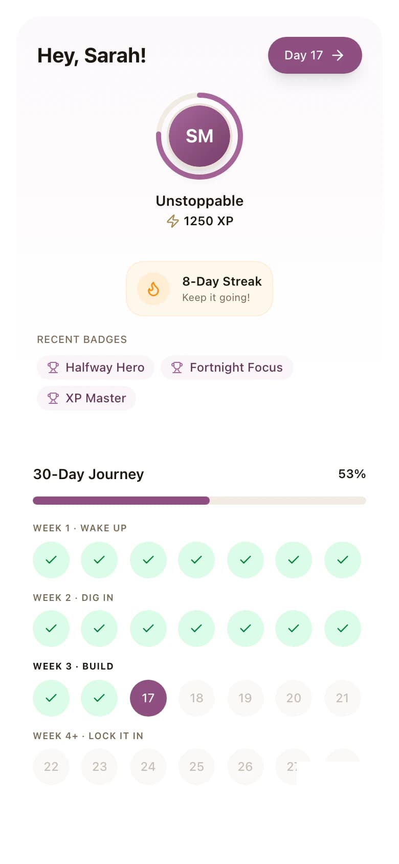 Fine Is a Lie dashboard showing your daily progress